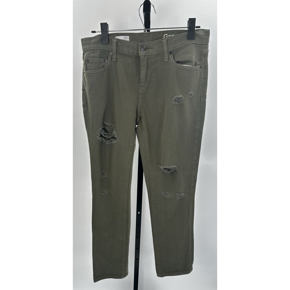 Gap 1969 Girlfriend Jeans Women 27 Regular Olive Green Distressed Cotton